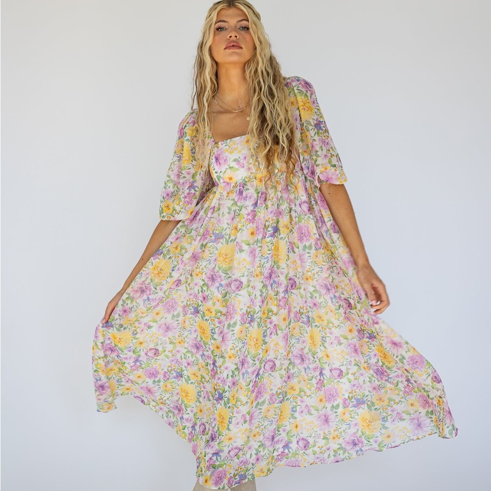 Storia Yellow & Lavender Floral Maxi Dress